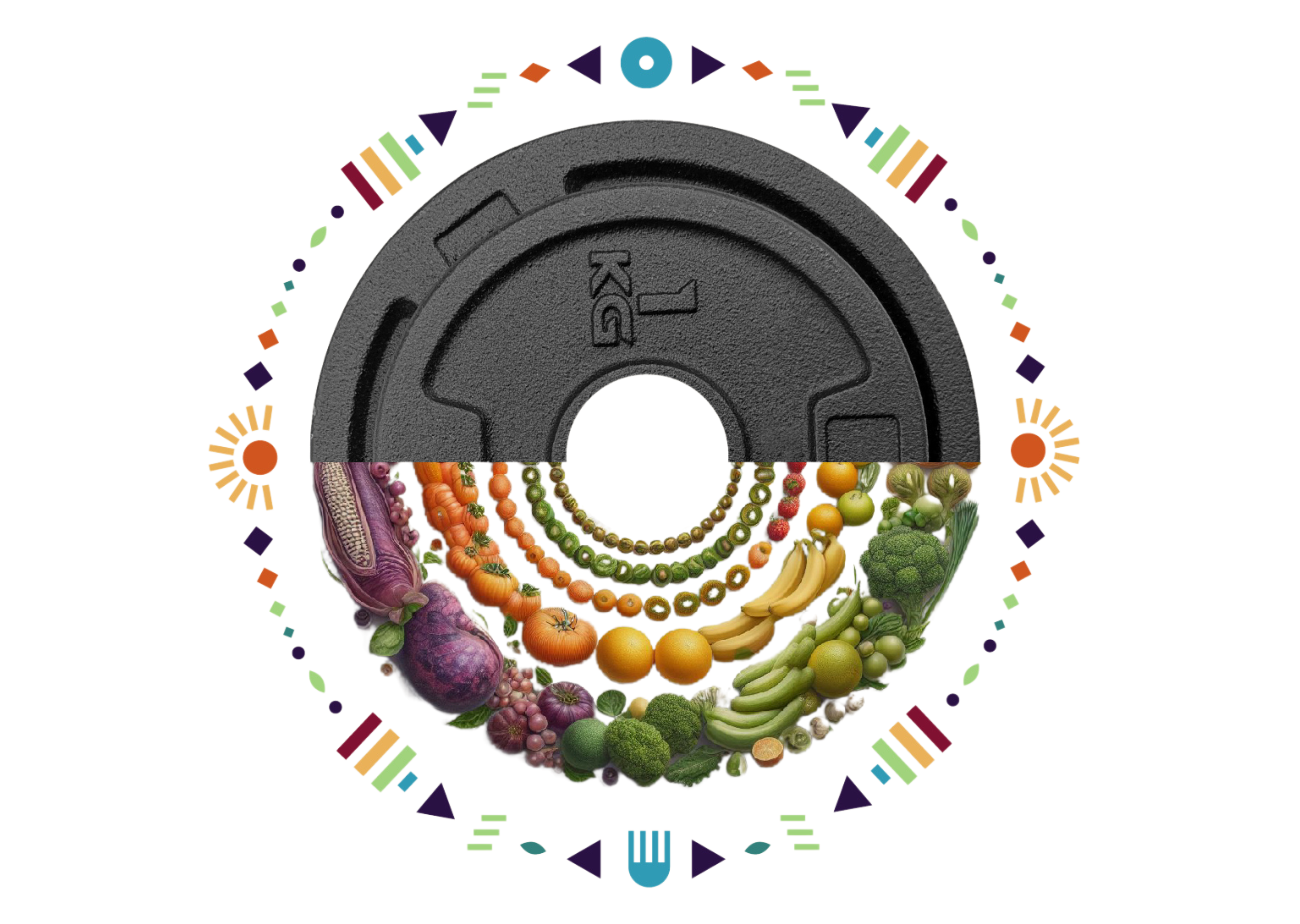 Pesa y alimentos simbolizando la unión de nutrición y rendimiento deportivo